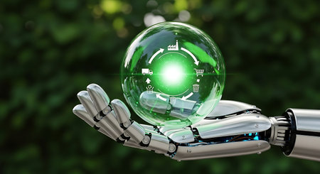 Robot hand holding globe. Circular economy automated by AI.の素材