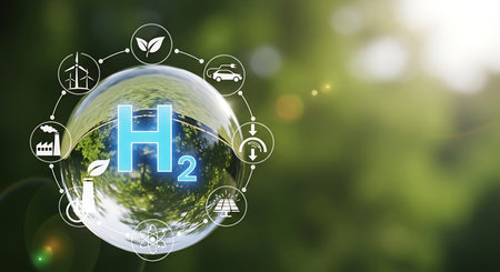 H2 symbol in sphere. Hydrogen tech driving sustainability.の素材