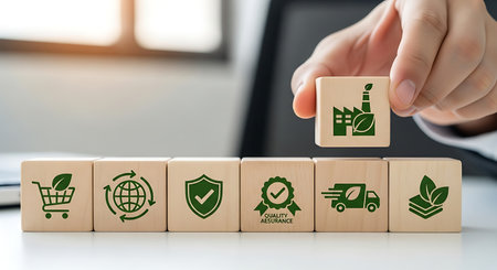 Eco-friendly practices shown with wooden blocks and a hand.の素材