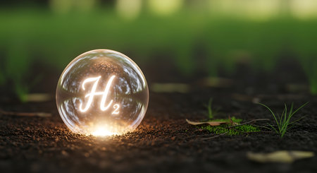 Clean hydrogen energy. H2 for future. Globe shining in soil.の素材