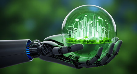 Sustainable city concept. Futuristic green globe. Robot technologyの素材
