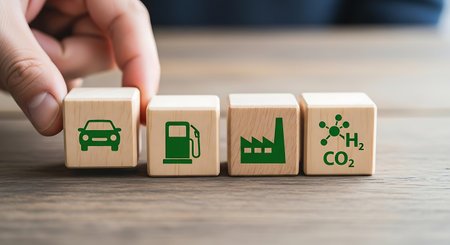 Green industry development. Eco-friendly future. Wooden blocks for sustainability.の素材