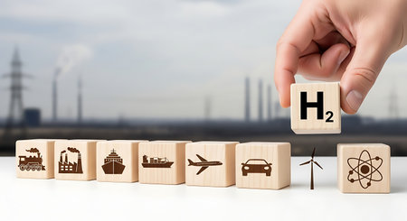 Hydrogen energy transformation. Wooden blocks shift to a clean economy.の素材