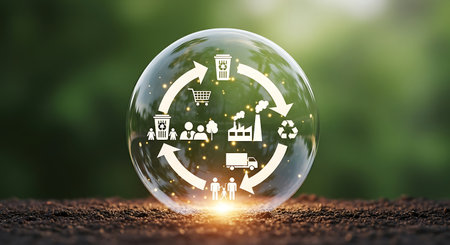 Recycling symbols within planet bubble. Sustainable ecosystem environment loop.の素材