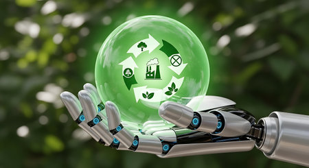 Eco friendly industrial revolution robot arm holds eco globeの素材