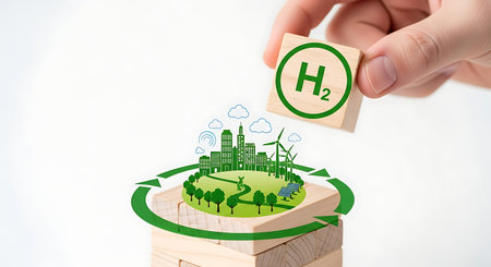 Hydrogen energy shown in city model. Eco-friendly revolution energy.の素材
