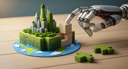 Robot builds green city on earth puzzle. Future innovation.の素材