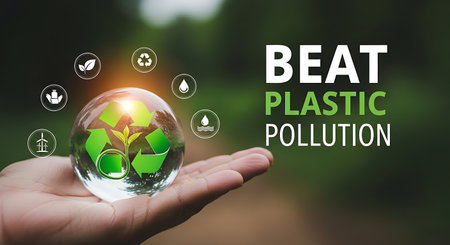 Sustainability visualizing to beat plastic pollution, with eco-conscious symbols.の素材