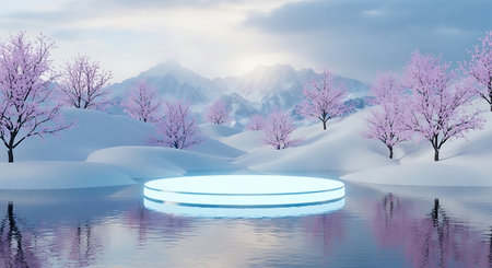 Snowy mountain landscape pink blossom trees reflective pool serene winter sceneryの素材