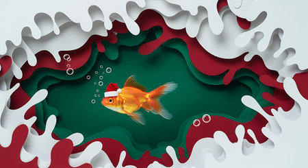 Festive goldfish winter fun underwater paper cut art design.の素材