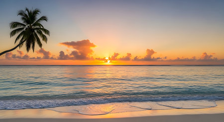 Sunset beach tranquility island palm tree silhouette azure ocean.の素材