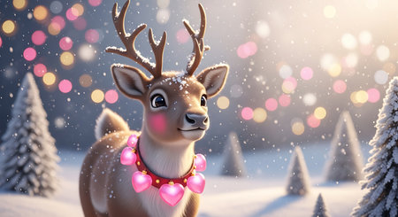 Adorable reindeer forest snow. Charming winter wildlife close-up.の素材