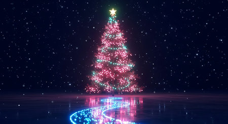 Enchanting evergreen tree glowing dark snowflakes festive atmosphere.の素材