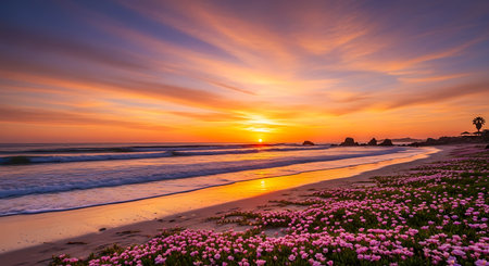 Beach flowers meet sunset ocean view scenic seaside summer scene.の素材