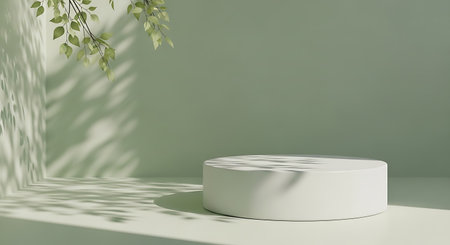 White pedestal with plant shadow Product showcase on green backdropの素材