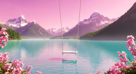 Mountain lake view flowers swing calm turquoise forest scene beauty.の素材