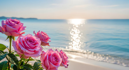 Seaside roses bloom on beach with gentle waves and sunlight.の素材