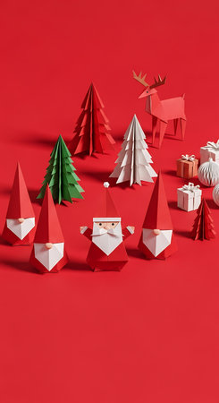 Festive origami holiday scene, handcrafted paper trees, reindeer.の素材