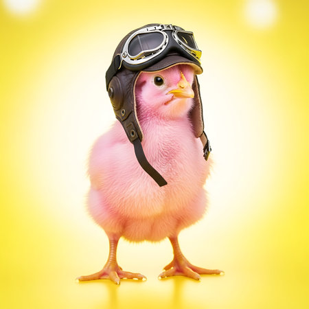 Whimsical aviator chick playful chick pink plumage youthful joy.の素材