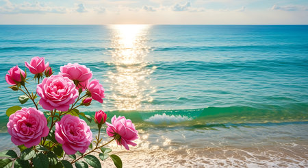 Ocean sunset, roses seaside, tranquility blue water pink blooms.の素材