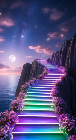 Neon stairway ascent moon night ocean cliffs beautiful nature.の素材
