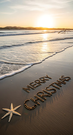 Sandy script seashore starfish morning sunshine waves landscape.の素材