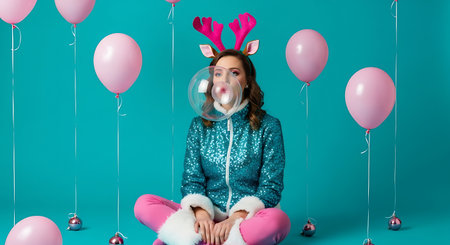 Quirky holiday cheer reindeer antlers blowing bubble gum festive fun.の素材
