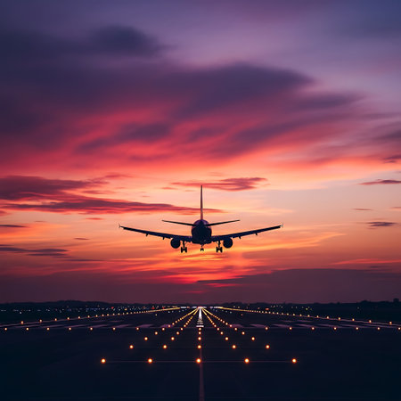 Airplane landing sunset silhouette aircraft runway cloud streaked skyの素材