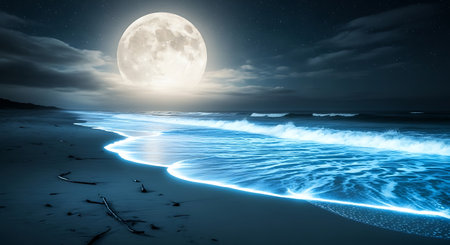 Moonlit beach nighttime seascape. Coastal scenery blue tones.の素材
