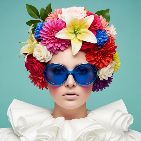 Fashion woman wears bold flowers headpiece chic portrait styleの素材