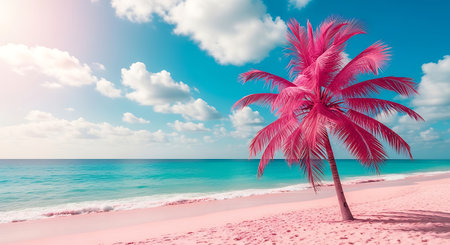 Pink palm tree pristine beach turquoise waters soft sand skiesの素材