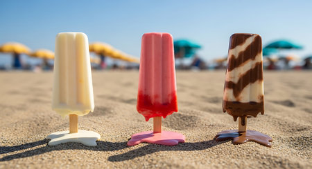 Popsicles melting on sandy beach summer treat refreshing iceの素材