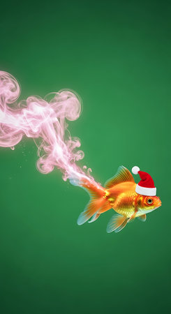 Goldfish Santa hat mystic smoke holiday pet celebration.の素材