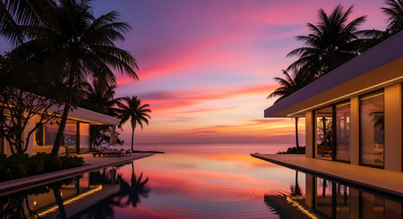 Tropical villa dusk colorful sunset serene coastal living.の素材