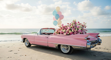 Dream car at beach flowers balloons. Classic automobile ocean backdrop.の素材