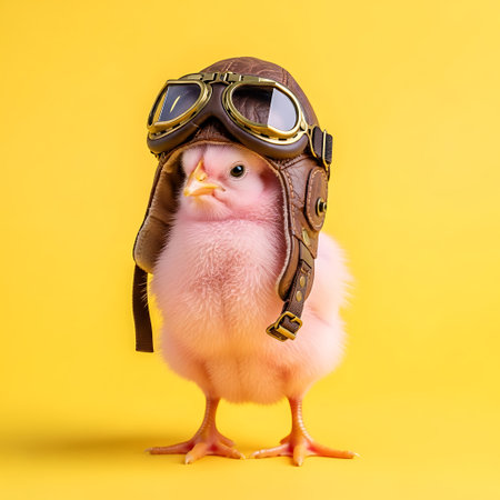 Chick baby bird wears pilot aviation costume fun tiny poultryの素材