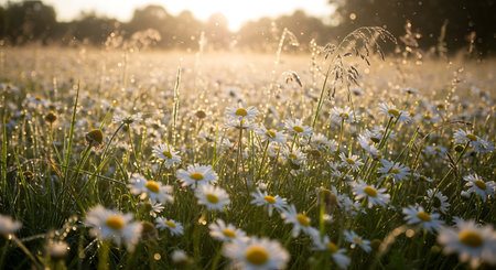 Radiant daisy field Dew-kissed blooms Tranquil landscape Summer sceneryの素材