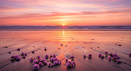 Sunrise ocean beach pink flowers warm colors coastal landscape. Scenery.の素材