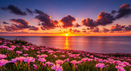 Scenic ocean vibrant sky bloom field coastal sunset foreground.の素材
