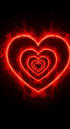 Red hearts fiery glow abstract art energy concentric shapesの素材