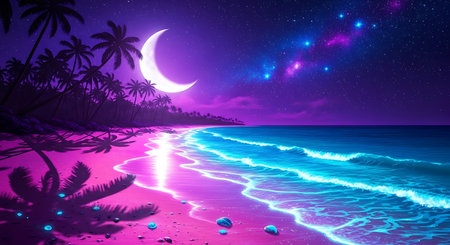 Neon beach dreamscape with moonlit shoreline and palm trees.の素材