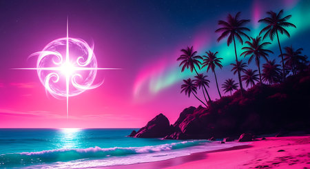 Aurora tropical with pink sand turquoise water and palm trees.の素材
