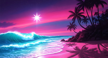 Neon beach surreal tropical coastline pink blue sky palm trees.の素材