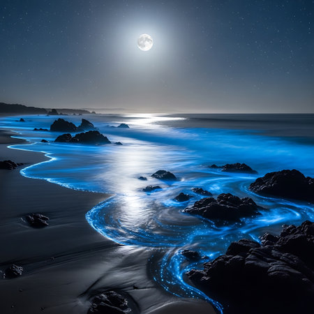 Bioluminescent waves nighttime ocean serene beach dark glowの素材