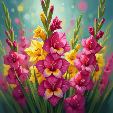 Gladiolus flower arrangement pink yellow blossoms garden blooms.の素材
