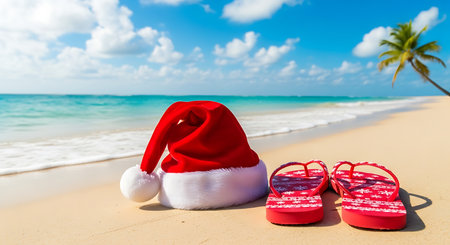 Holiday beach vacation santa hat flip flops tropical seasideの素材