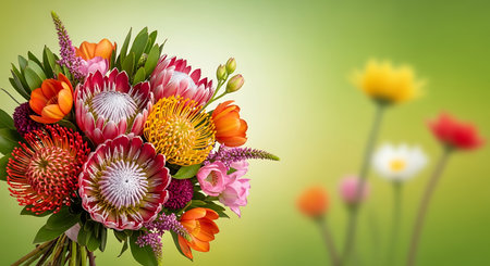 Radiant Protea Bouquet Vibrant Floral Arrangement Lush Greenery Displayの素材