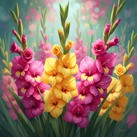 Gladiolus garden with blooms in pink and yellow floral beauty.の素材