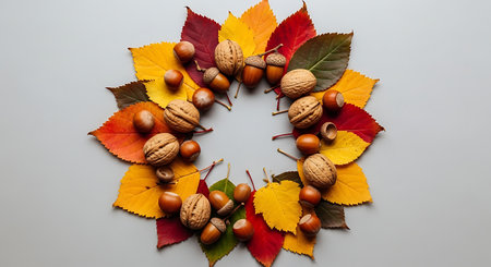 Autumnal array vibrant leaves rustic walnuts cozy hazelnuts circle.の素材