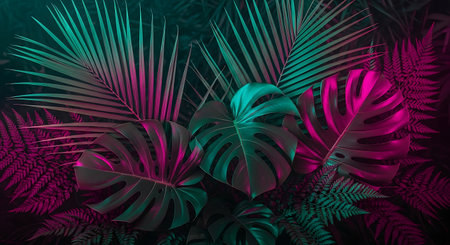 Neon tropical foliage dark background vibrant leaves plant designの素材